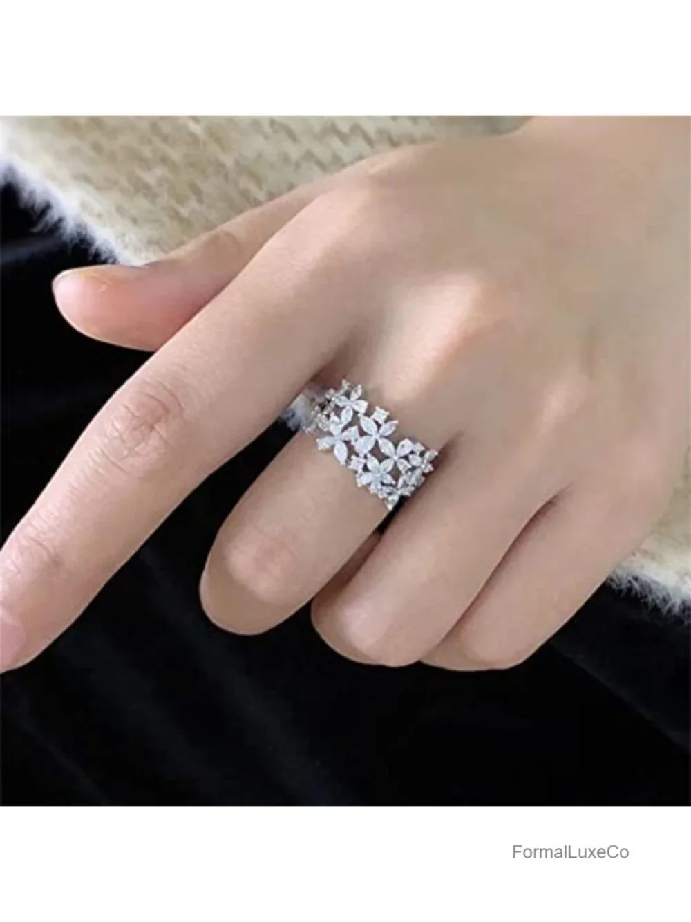 925 Sterling Silver 18K Gold Plated Flower Cocktail Ring CZ Promise Eternity